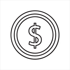 Fototapeta premium Simple black and white line art icon representing a coin with a dollar sign symbol in the center