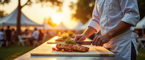 Focused chef preparing gourmet meal at upscale tailgate event during sunset  