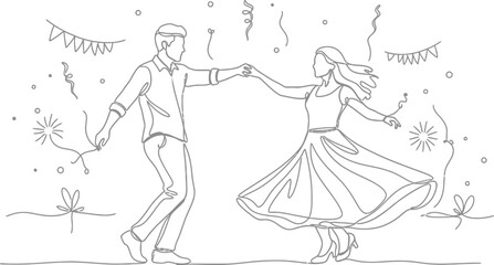 Couple dancing in continuous line art style celebrating a special occasion