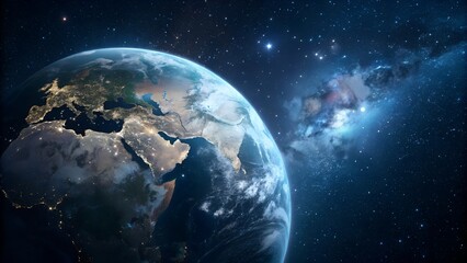 Earth planet view from space at night with galaxy
