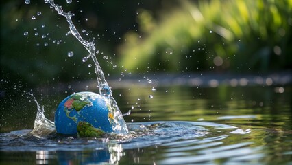 Small globe splashing into water with nature background