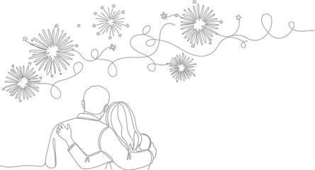 Continuous line drawing of couple watching fireworks celebration together