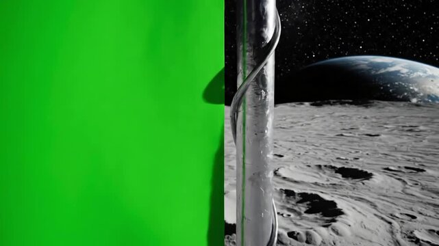 Green Screen Compositing Element with lunar astronaut walks on the moon flag placing a pole surface and salutes you can track add your logo distortion, overlay, glitch, static noise, scan lines black
