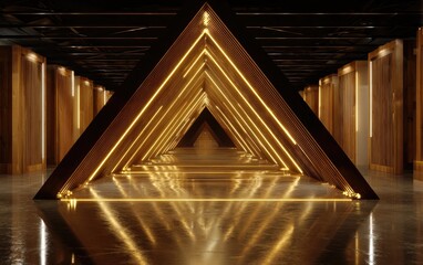 Futuristic architectural interior with a receding illuminated triangular tunnel