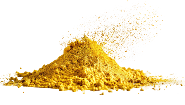A vibrant yellow powder, forming a small hill with particles dispersing upwards, against black