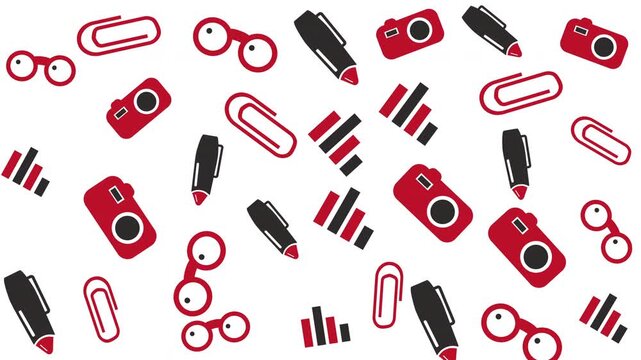 Seamless Pattern of Office Supplies Featuring Scissors, Cameras, Paper Clips, and Markers on White Background