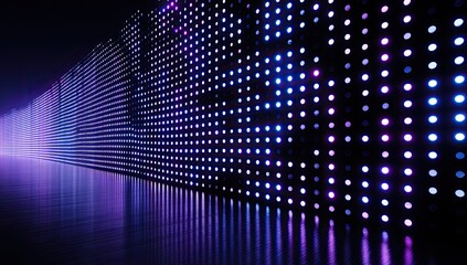 Curved wall of vibrant purple and blue illuminated LED lights reflecting on dark surface