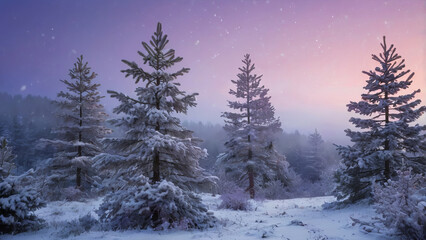 Beautiful winter landscape at sunrise with snow-covered fir trees and gentle snowfall. Soft pastel sky, distant hills and frosty pine forest create a serene, atmospheric outdoor scene.