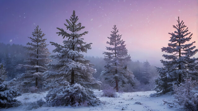Beautiful winter landscape at sunrise with snow-covered fir trees and gentle snowfall. Soft pastel sky, distant hills and frosty pine forest create a serene, atmospheric outdoor scene. - Powered by Adobe