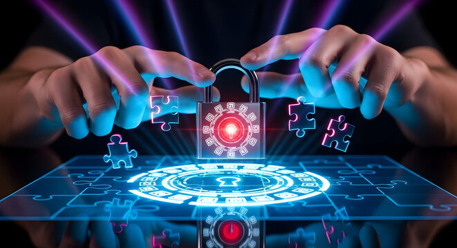 Digital Security Concept Featuring Padlock and Puzzle Pieces Protection - Powered by Adobe