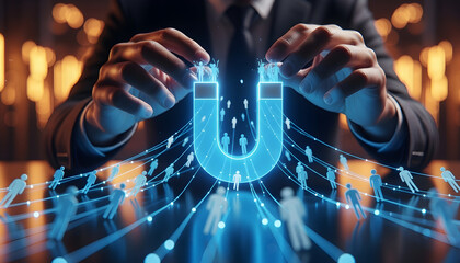 Businessman Attracting Digital People Icons with Glowing Magnet Concept