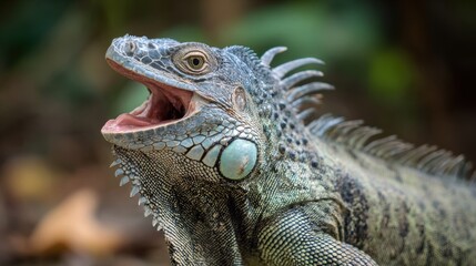 Fototapeta premium Green Iguana Head and Upper Body with Open Mouth