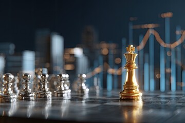 Golden king chess piece leading silver pawns on a board with city lights and graph