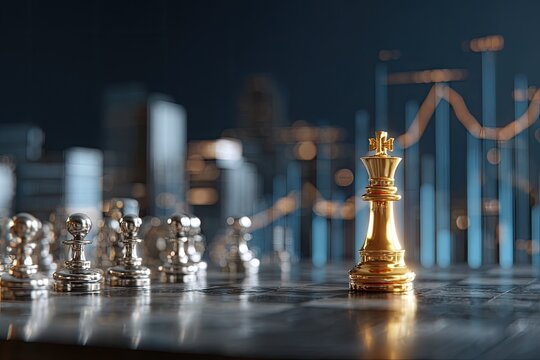 Golden king chess piece leading silver pawns on a board with city lights and graph