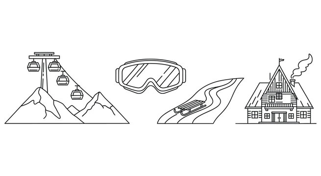 Simple line art illustration of ski resort elements and activities