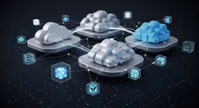 Abstract 3d rendering of interconnected cloud computing nodes with futuristic digital icons and glowing data streams on a dark background representing network connectivity and data flow - Powered by Adobe