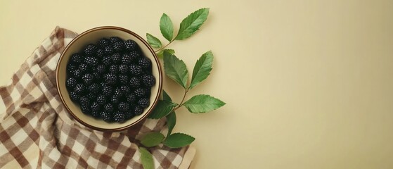 Blackberries in bowl surrounded by leafy branches