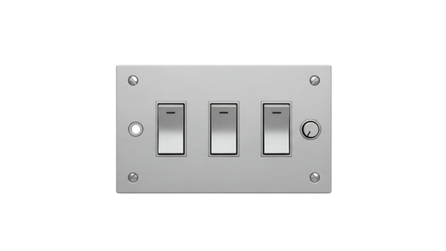 Metallic grey wall-mounted electrical switch plate with three toggles and a dimmer