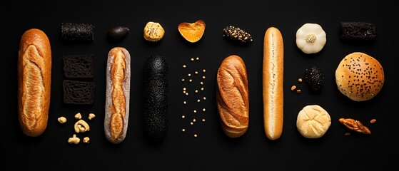 Assorted top view of baguettes and bagel
