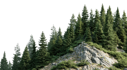 A natural forest and rocky hillside with lush green trees. A mountain vista in daylight