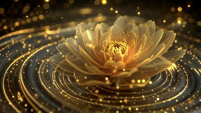 A mesmerizing golden lotus flower with intricate petals, surrounded by swirling water ripples and sparkling golden particles.