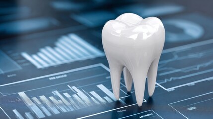 3D illustration of a large white tooth placed on a digital background filled with graphs and charts, symbolizing dental health, data analysis, and modern dentistry practices