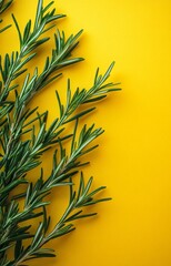 Elevated rosemary branches on yellow background