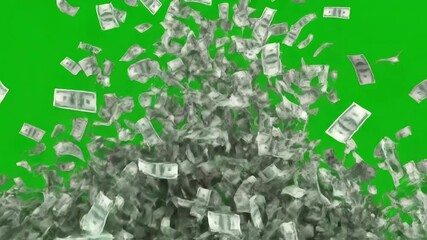 Rapid Downpour of Cash with money explosions green screen falling distortion, overlay, glitch, static noise, scan lines on black background, 4k animated video loop - Powered by Adobe