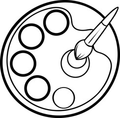 A simple, stylized, grayscale illustration of a painter's palette and paintbrush. The palette, circular in form, dominates the center of the image and features multiple circular wells for holding pain