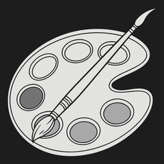 A simple, stylized, grayscale illustration of a painter's palette and paintbrush. The palette, circular in form, dominates the center of the image and features multiple circular wells for holding pain