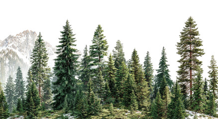 Fototapeta premium Lush, dense evergreen forest landscape with snow-capped mountains in the backdrop