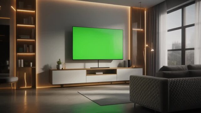 Modern living room interior with a large green screen TV and cozy furniture setup for digital display