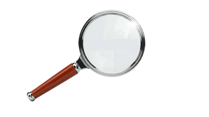 Close-up of a magnifying glass with wooden handle, isolated on black background