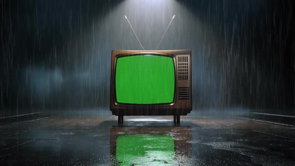 Nostalgic vintage television with a green screen stands in a desolate, rain-soaked urban environment, dramatically lit by spotlights, evoking a bygone era of media and communication