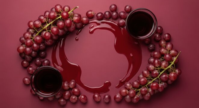 Elegant Wine Presentation Overhead view of ripe grapes, two glasses, and a spill on a rich burgundy background, ideal for culinary or beverage themes