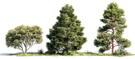 Digitally rendered evergreen trees with varying foliage styles and light, green, natural hues