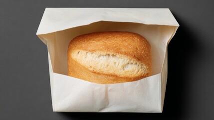 Freshly baked artisan bread loaf nestled in a rustic paper bag, showcasing its golden crust and soft interior, perfect for culinary delights and gourmet experiences