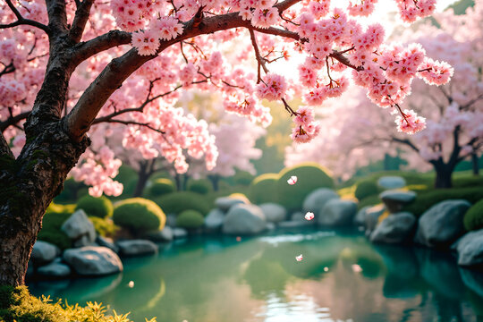 Cerisier en fleurs au dessus d'un plan d'eau dans un parc au printemps