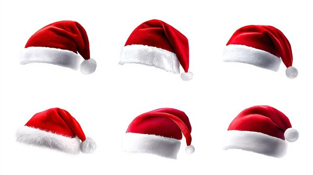 Collection of six festive red Santa hats with white fur trim, showcasing various styles and angles, perfect for holiday celebrations and seasonal decorations