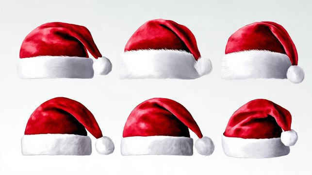 Collection of six festive red and white Santa hats displayed in various angles, showcasing the traditional holiday accessory for Christmas celebrations and seasonal festivities