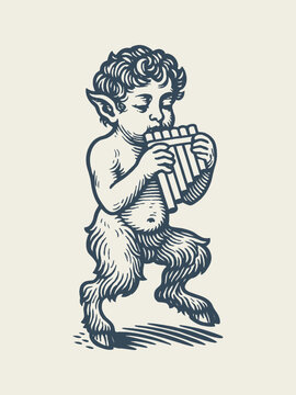 Faun playing pan flute vintage engraving style vector illustration