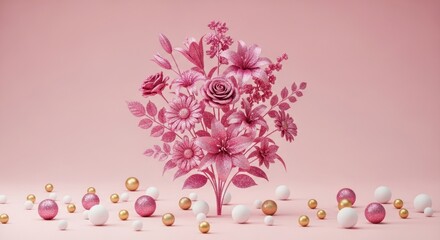 Stunning pink floral arrangement with delicate petals and golden accents, perfect for springtime celebrations and elegant designs
