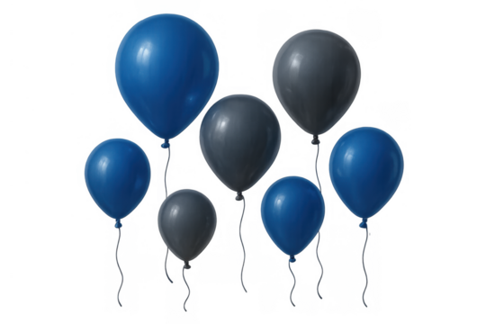 Floating blue and grey balloons creating a festive background for celebrations, parties, anniversaries, and special events