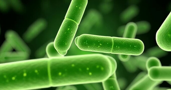 Realistic 3D animation of green rod-shaped bacteria floating in a liquid medium