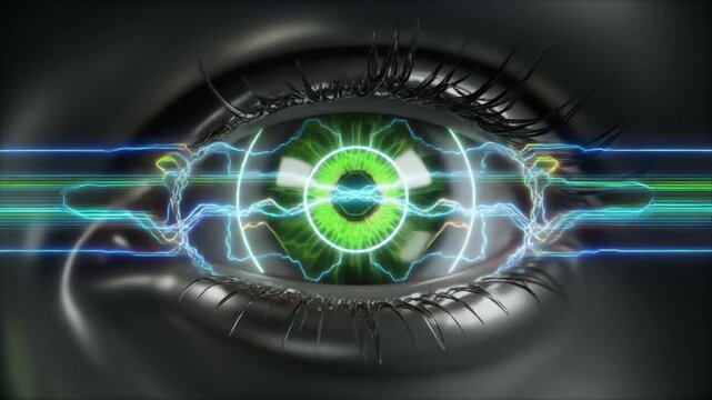 Futuristic Bionic Eye Close-Up with Glowing Green Iris and Digital Circuitry, Representing Advanced AI and Cybernetic Vision Technology