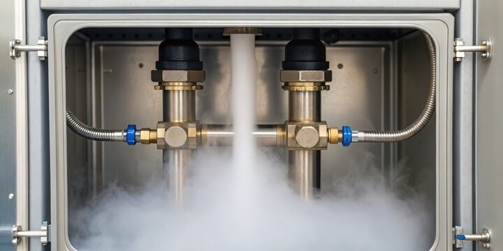 Gas Leak High-tech industrial equipment with vapor escaping from connected pipes.