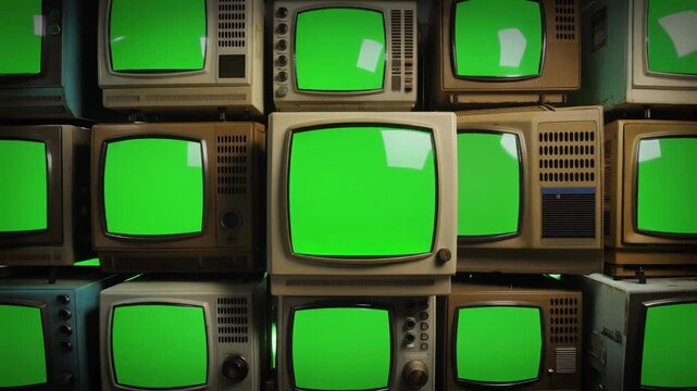 Retro televisions stacked in a large group, each with a blank green screen for content creation