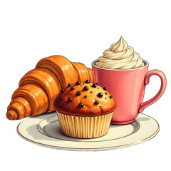 Delicious breakfast pastry assortment with a croissant, chocolate chip muffin, and whipped cream coffee. (Transparent Background)
