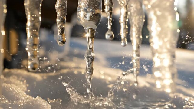 Hanging icicles melt in golden light above snowy ground