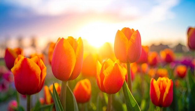 Stunning orange tulips blooming in vibrant field at sunset with sunbeams shining through